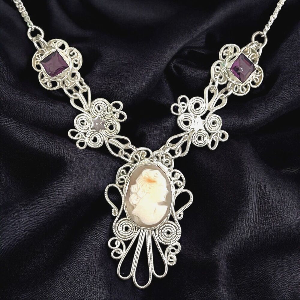Vintage 1950s Italian Shell Cameo Necklace Victorian Revival Filigree - 9H3